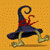 Animated pixel art of a dark blue witch hat with red ribbon, green legs, and yellow feet walking on an orange dotted background.
