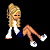 Pixelated cartoon character with blonde hair in a high ponytail sitting on black background next to green text reading "Original Icons .com".