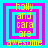Four identical pixelated squares with cyan and magenta borders display yellow text reading 'holly and cara are awesome' in a