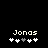 Pixelated text 'Jonas' above five heart symbols on black background, with one gray heart in the center.