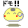 Yellow pixelated character with gray spot, red cheeks, and closed eyes appears in two states: one with a magnifying glass prop, the other without; text above reads ドモ!!