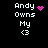 Pixelated text 'Andy Owns My <3' with pink heart and dot animations on black background.