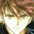 Anime-style character with closed eyes and brown hair, wearing a white shirt with a dark collar, set against a blurred background.