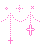 Pink pixelated cross-shaped icons with dotted lines and small star-like shapes on a gray background, arranged in two