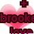 Pixelated heart-shaped icon with pink gradient, dark purple text reading 'brooke' and 'love', and a small plus sign at the top right.