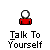 Pixelated icon with red torso and white head, displaying sequential text bubbles over a gray background.