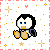 Two pixel-art penguins sit side-by-side on a white background with scattered gold and pink shapes, one black-haired, the other gray-haired.