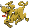 Animated cartoon dog with brown fur, red tongue, and silver bell on collar running in a looped sequence.