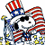 A pixelated cartoon dog wearing a red-and-white striped top hat with blue band, holding a flagpole with stars and stripes on white background.