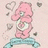 Pixelated pink character with closed eyes and a large bow, standing on blue platform amid floating gray hearts.