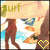 Animated icon shows a surfer walking on beach with surfboard, text "surf" in different colors and heart symbols changing color across frames.