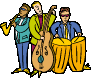 Three cartoon musicians play instruments with yellow drums, a saxophone, and a double bass against a gray background.