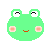 A 48x48 pixel animated contact sheet showing three frames of a green frog-shaped cartoon icon with pink cheeks, white eyes, and varying mouth expressions across the frames.