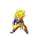 Pixel art character with spiky yellow hair in orange and blue martial arts uniform performing sequential combat poses against gray background.