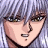 Pixelated anime-style character with silver hair and green eyes, next to black background with white text.