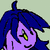 Pixelated character with blue hair and purple skin, eyes closed with yellow pupils, smiling face, static background.