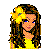 Pixelated cartoon-style icon of a woman with long brown hair wearing a yellow top and large yellow flower accessory, static single-frame image.