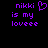 Purple pixelated text on black background reads 'nikki is my loveee' with a heart symbol replacing the letter O in 'loveee'.