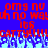 Red pixelated text on blue background with light blue wave-like pattern at bottom, displaying repeated phrases and exclamation marks.