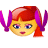 Pixelated character with red hair and purple pigtails, yellow face, blue eyes, and pink lips, shown in two side-by-side poses against a gray background.