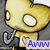 Yellow cartoon character with large white eyes and a small pink heart on chest, holding curved object against gray background.