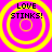 Four identical yellow concentric circles on a bright pink background with 'LOVE STINKS!' text in black pixelated font above each circle.