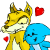 Pixelated yellow fox-like creature with closed eyes nuzzling blue plush toy, two red heart symbols floating near them.