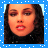 four square with blue borders containing pixelated images of a person with dark hair and red lips, one empty