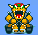 Pixel art of a yellow dinosaur-like character in a go-kart, showing multiple facial expressions and body poses