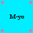 A static image with a bright cyan background featuring four instances of the text 'M-yo' in black pixelated font, surrounded by scattered pink plus signs and small dots.