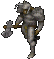 Pixelated armored figure holding an axe in multiple walking poses across a