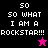 Four display pixelated text '50 50 WHAT I AM A ROCKSTAR!!!' with star symbols on black, purple, pink, and dark purple backgrounds
