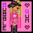 Pixel art contact sheet of six animated frames showing a cartoon character with blonde hair, black hat, and pink outfit against a pink background with "BUBBLE GUM" text.