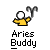 Pixelated static icon of a yellow stick figure with white head holding a black curved staff, below text reading 'Aries Buddy' on gray background.