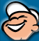 Pixelated cartoon character with peach skin, white sailor cap, and wide grin showing teeth, set against blue background.