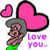 Pixelated character with gray hair and green clothing holds a large pink heart, with a smaller pink heart floating nearby and purple text reading 'Love You.'