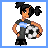 Animated pixel art contact sheet showing a female character holding a soccer ball with changing text and motion effects across 14 frames.