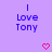 Purple background with repeated blue text "I Love Tony" and pink pixelated hearts in a pattern