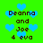 Green background with blue heart shapes and pixelated text reading "Deanna and Joe 4 eva" in four identical sections.