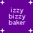 Purple background with white stars and repeated text 'izzy bizzy baker' in pixelated font across four sections.