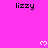 A bright pink background displays the text 'lizzy' in black pixelated font with white heart symbols scattered across it.