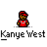 Pixel art contact sheet of six animated frames featuring a cartoon character in red attire and a bear head logo, with repeated text "Kanye West" below each frame on gray background.