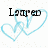 Pixelated icon with black text 'Lared' over two overlapping light blue hearts on a white background with scattered light gray squares.