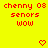 Red pixelated text on bright yellow background with two heart symbols at bottom, displaying 'chenny 0s', 'senors', and 'wow' in three lines.