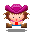 Pixel art contact sheet showing six frames of a cartoon character with brown hair, purple cowboy hat, and red heart prop in various poses against gray background.