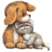 A cartoon dog and cat sit together, the dog holding the cat in a friendly embrace against a white background.