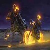 Two figures on horseback with glowing heads and fiery effects against a dark sky and water background.