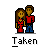 Pixel art of two figures in red and blue clothing standing side-by-side with text below, showing animation variations including heart symbols above or near them.