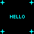 Black background with cyan text and star shapes; four instances of 'HELLO' text in pixelated font, scattered star shapes in cyan, and small cyan dots.