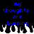 Blue pixelated text reads 'my thoughts are burning' over black background with white and gray flame shapes at bottom.